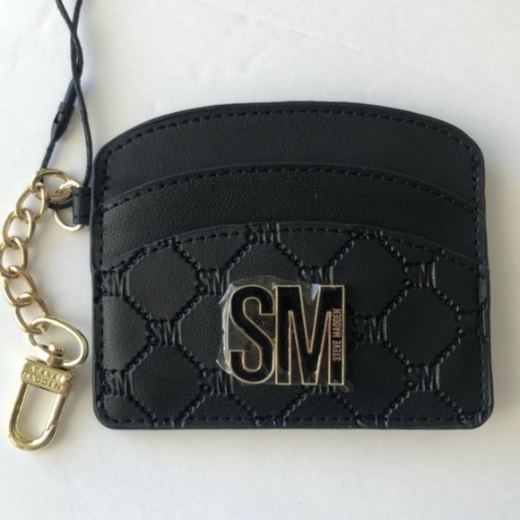 Steve Madden Wallet Card case Logo Black w key Clip - Picture 1 of 5
